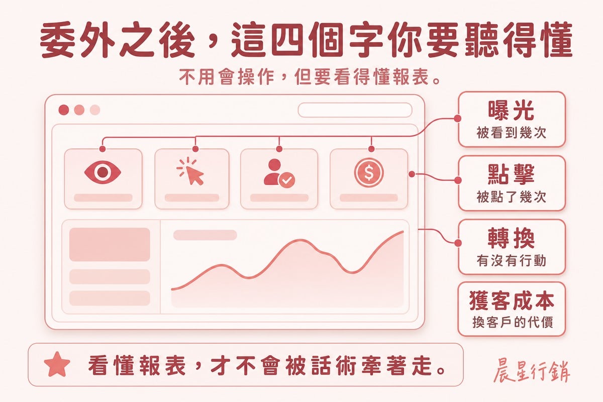 模擬廣告報表後台介面，由左至右標註曝光、點擊、轉換、獲客成本四個指標