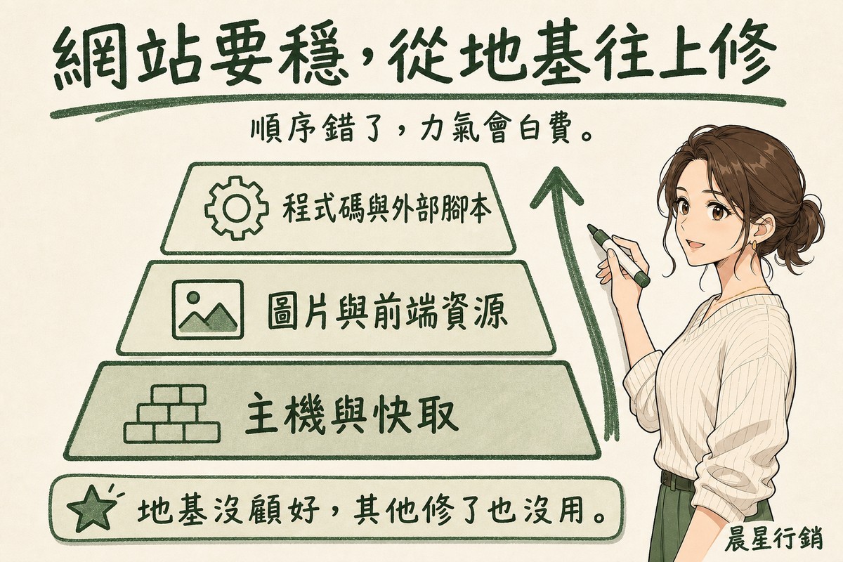 三層金字塔由下到上分別是主機與快取、圖片與前端資源、程式碼與外部腳本，搭配向上箭頭代表修復順序