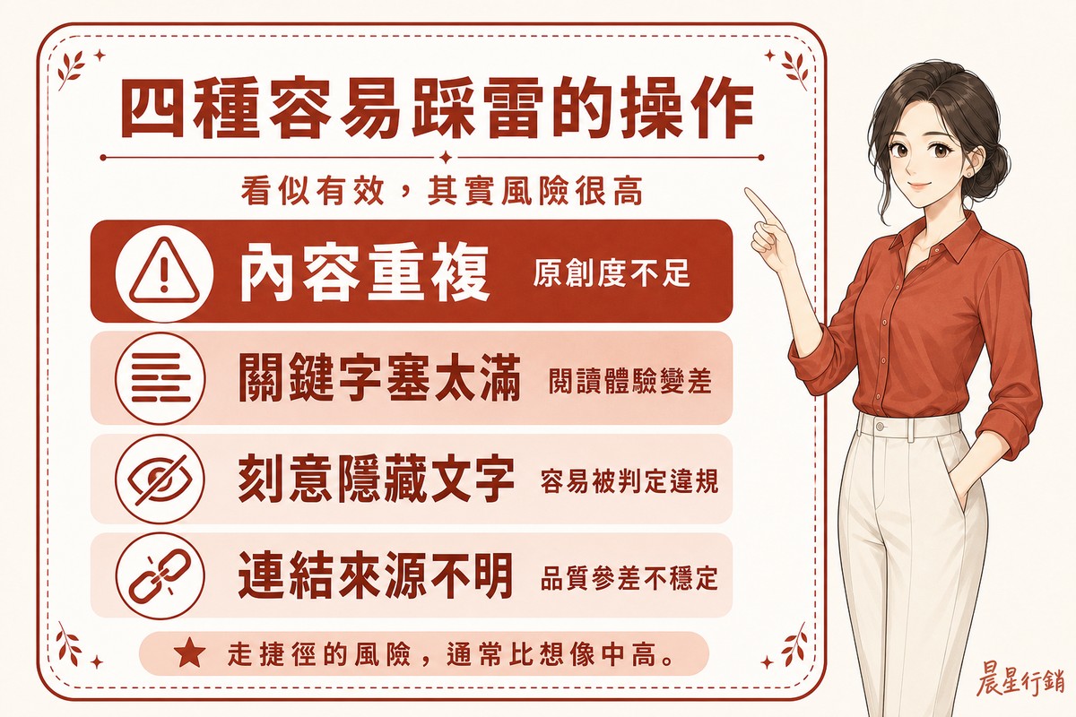 顧問指著看板,看板列出抄襲內容、堆砌關鍵字、隱藏文字、購買連結四種黑帽SEO手法