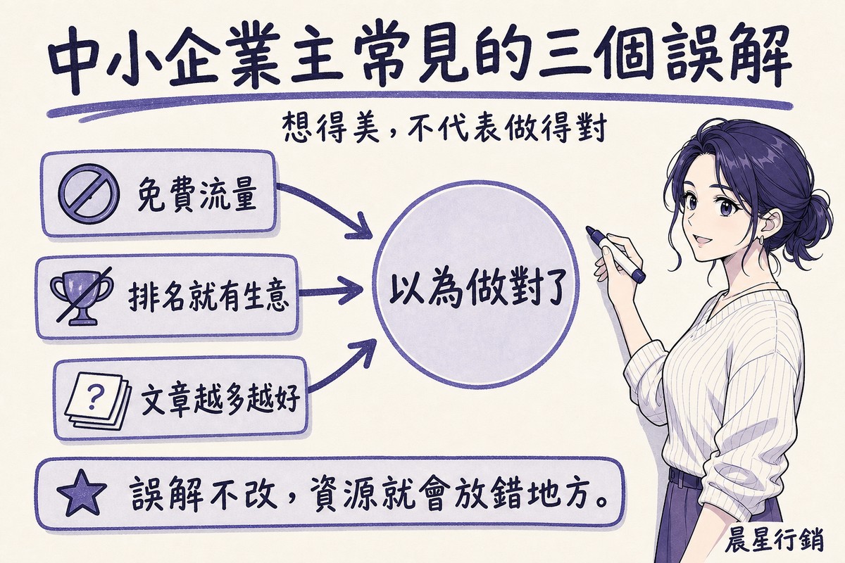 顧問在白板上畫出免費流量、排名就有生意、文章越多越好三個箭頭匯聚成以為做對了