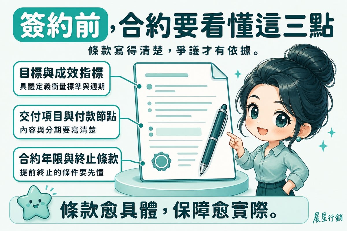 顧問指著一份合約文件,標註目標與成效指標、交付項目與付款節點、合約年限與終止條款三個重點