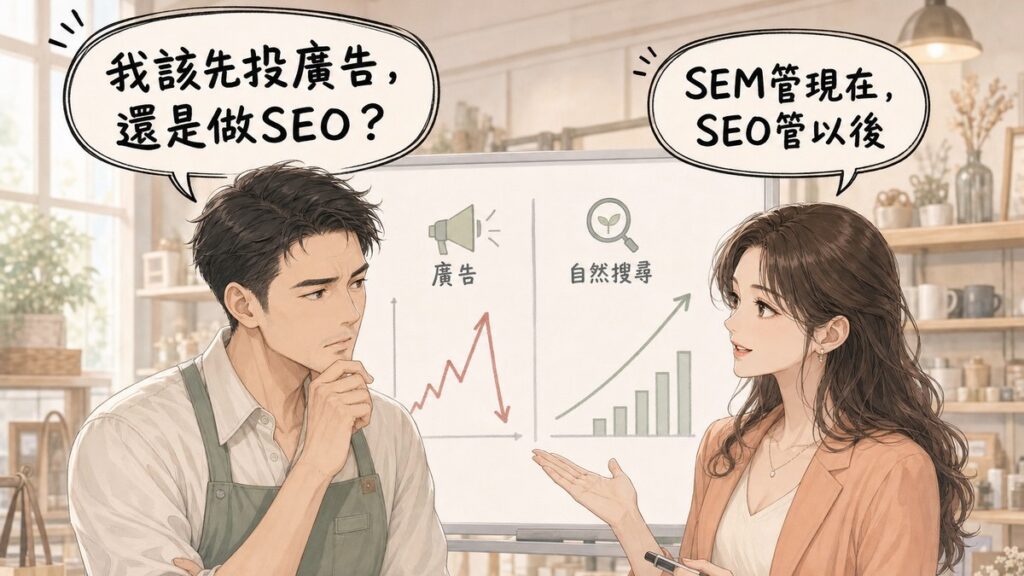 店主抱胸皺眉問「我該先投廣告,還是做SEO?」,行銷顧問指著白板上廣告與自然搜尋的成效曲線回答「SEM管現在,SEO管以後」