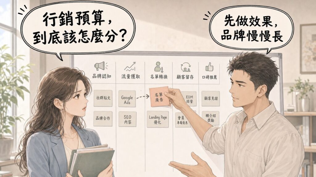 業主抱著預算資料夾問「行銷預算,到底該怎麼分?」,行銷企劃把一張卡片移到看板的名單轉換欄位,回答「先做效果,品牌慢慢長」