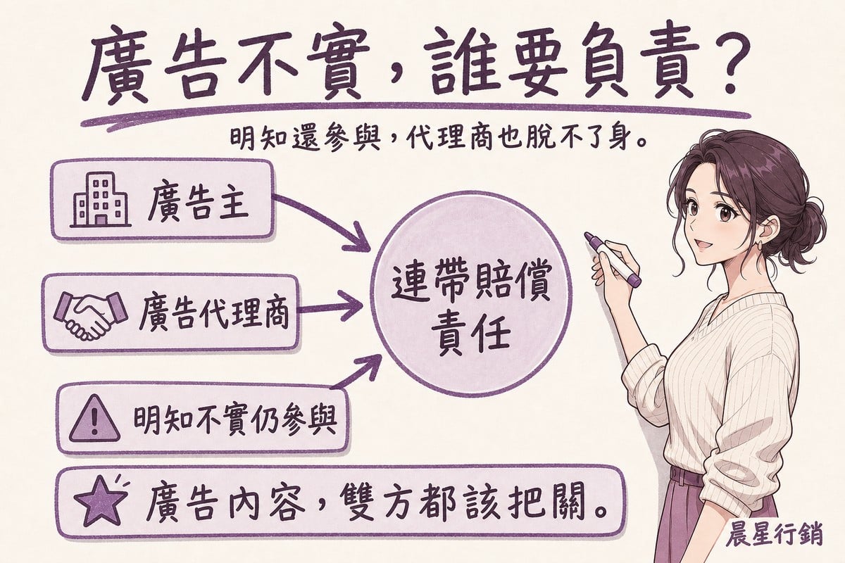 顧問在白板上畫出廣告主、廣告代理商、明知不實仍參與三個因素匯聚成連帶賠償責任