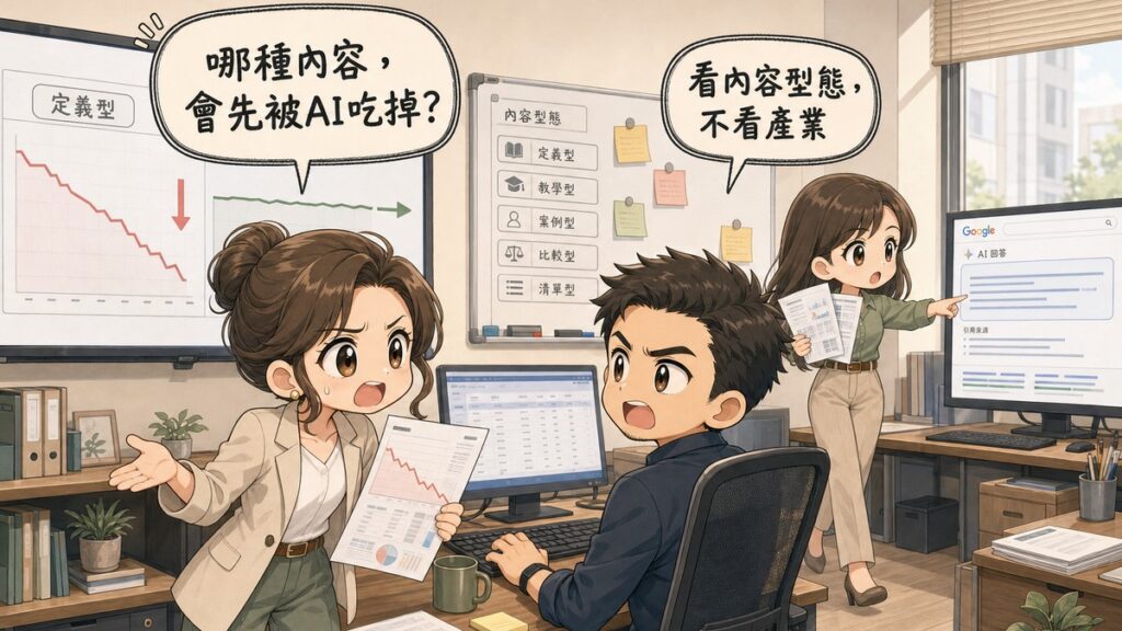 內容企劃張嘴皺眉、拿著流量下滑報表問「哪種內容,會先被AI吃掉?」,坐在電腦前回頭的編輯回答「看內容型態,不看產業」,後方同事指著螢幕上的Google AI回答區塊