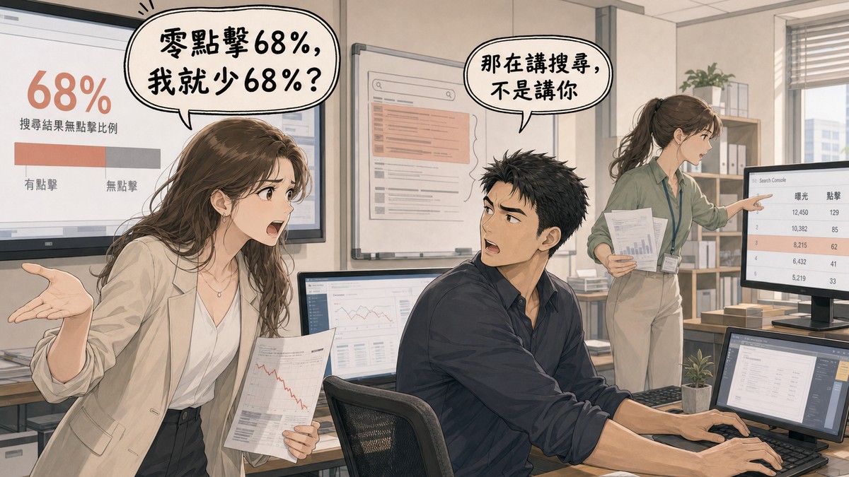 企業主張嘴攤手、指著牆上顯示68%無點擊比例的螢幕問「零點擊68%,我就少68%?」,坐著的SEO顧問回頭回答「那在講搜尋,不是講你」,後方同事指著Search Console的曝光與點擊欄位