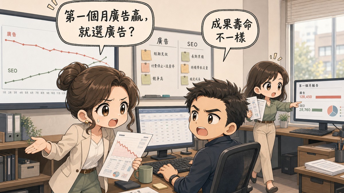 企業主張嘴攤手、拿著第一個月成效報表問「第一個月廣告贏,就選廣告?」,坐著的顧問回頭回答「成果壽命不一樣」,後方同事指著螢幕上廣告與SEO第一個月的數字落差,左方螢幕顯示十二個月裡SEO曲線後來居上