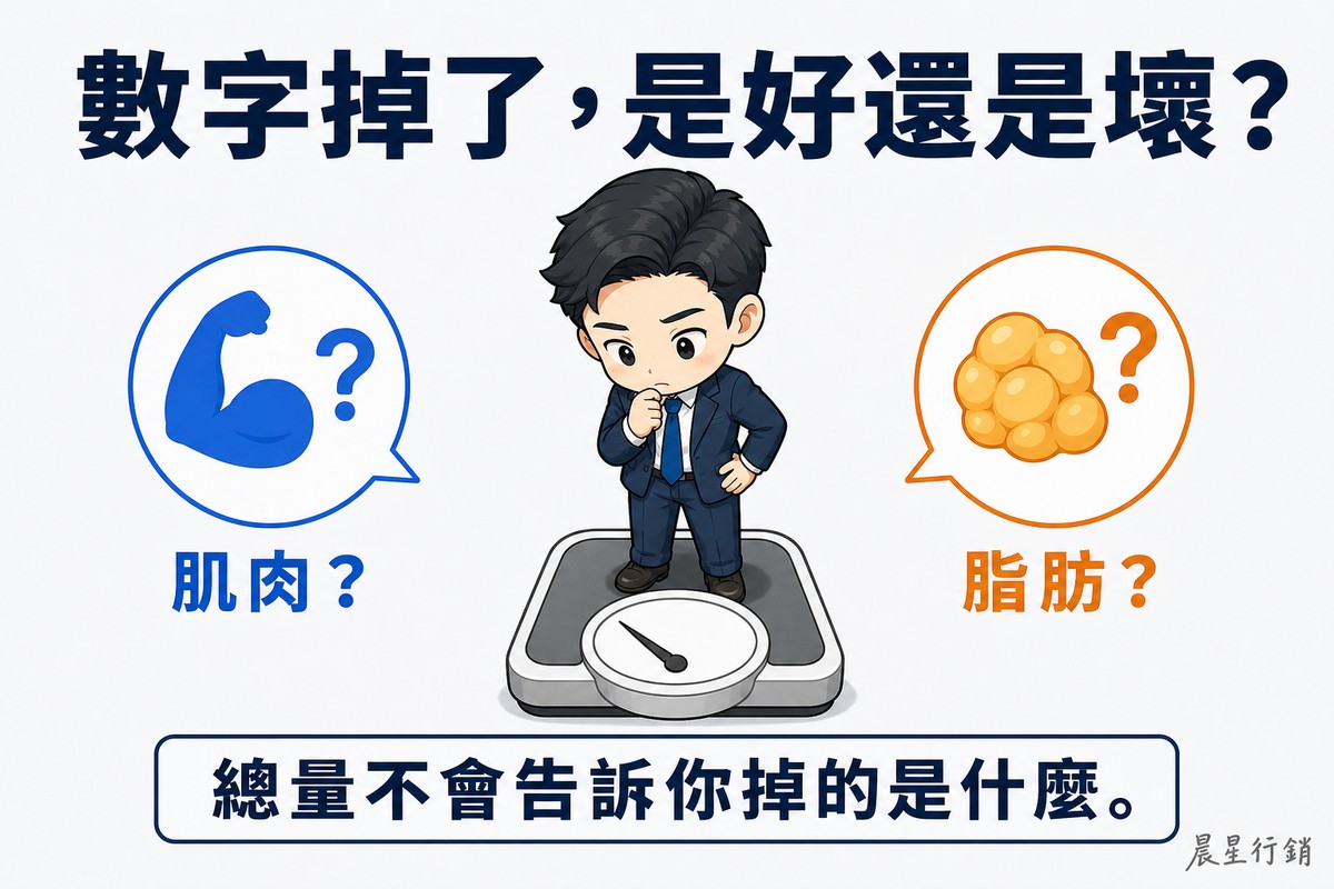一位Q版上班族站在體重計上低頭看,指針明顯往下偏但錶面完全沒有數字;左邊是藍色的肌肉圖示加問號,右邊是橘色的脂肪圖示加問號。