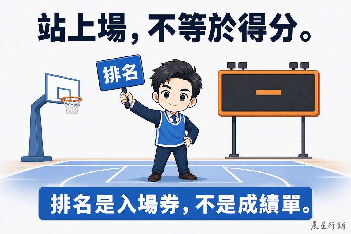一位Q版上班族穿著西裝加運動背心站在球場中央,一手高舉寫著「排名」的藍色牌子、神情得意;旁邊的籃框空著,右側橘色計分板上只有一個破折號,沒有任何分數。