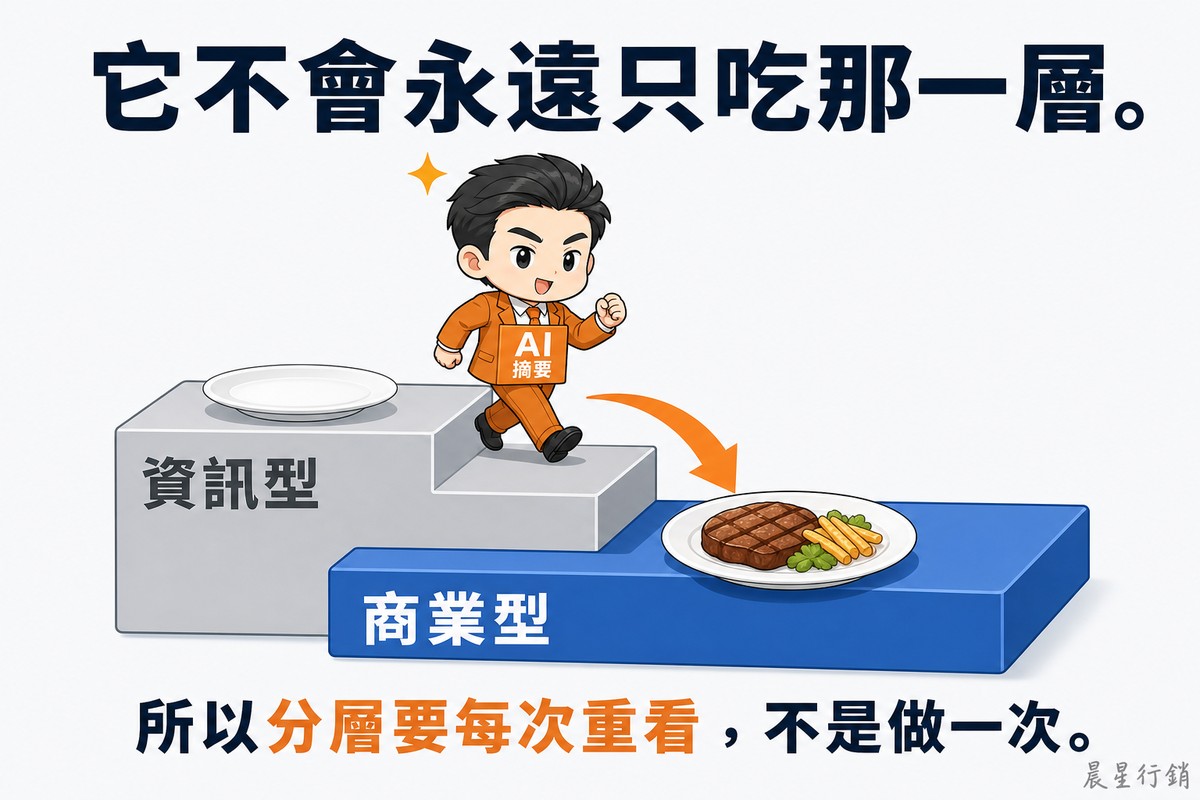 一位穿橘色衣服、頭上帶著星芒符號的Q版角色,正從灰色的「資訊型」台階(上面的盤子已經空了)抬腳跨向下方藍色的「商業型」台階(盤子上還有食物),一支粗橘色箭頭標示移動方向。