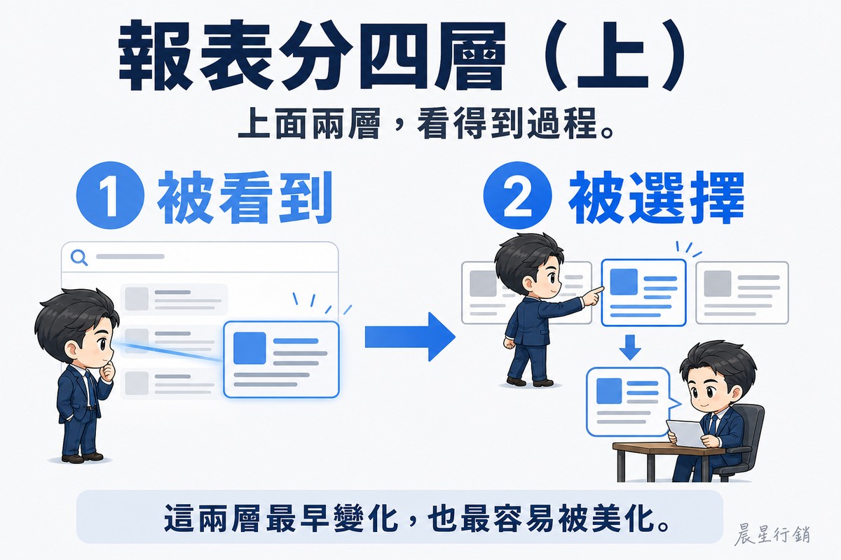 流程圖,兩個步驟由左至右以一支粗箭頭連接。標示①的「被看到」畫著搜尋畫面上的一張內容卡被人的視線落到;標示②的「被選擇」畫著同一個人從幾張卡中伸手挑走一張,然後坐下來閱讀。兩步採淺藍到中藍的漸進配色。