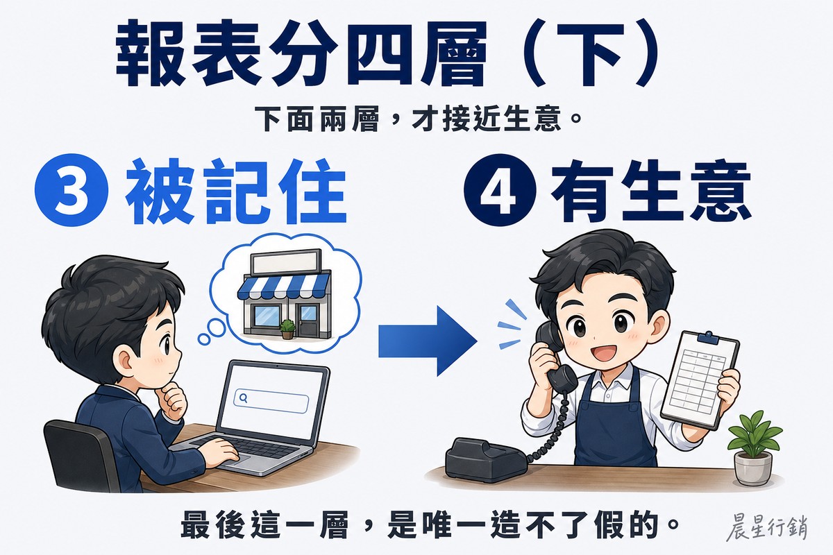 流程圖,兩個步驟由左至右以一支粗箭頭連接。標示③的「被記住」畫著人一邊在筆電搜尋框打字、頭上的思考泡泡裡浮著一面店家招牌;標示④的「有生意」畫著圍著圍裙的店主一手接起電話、一手舉著預約單在笑。兩步採中藍到深藍的漸進配色。
