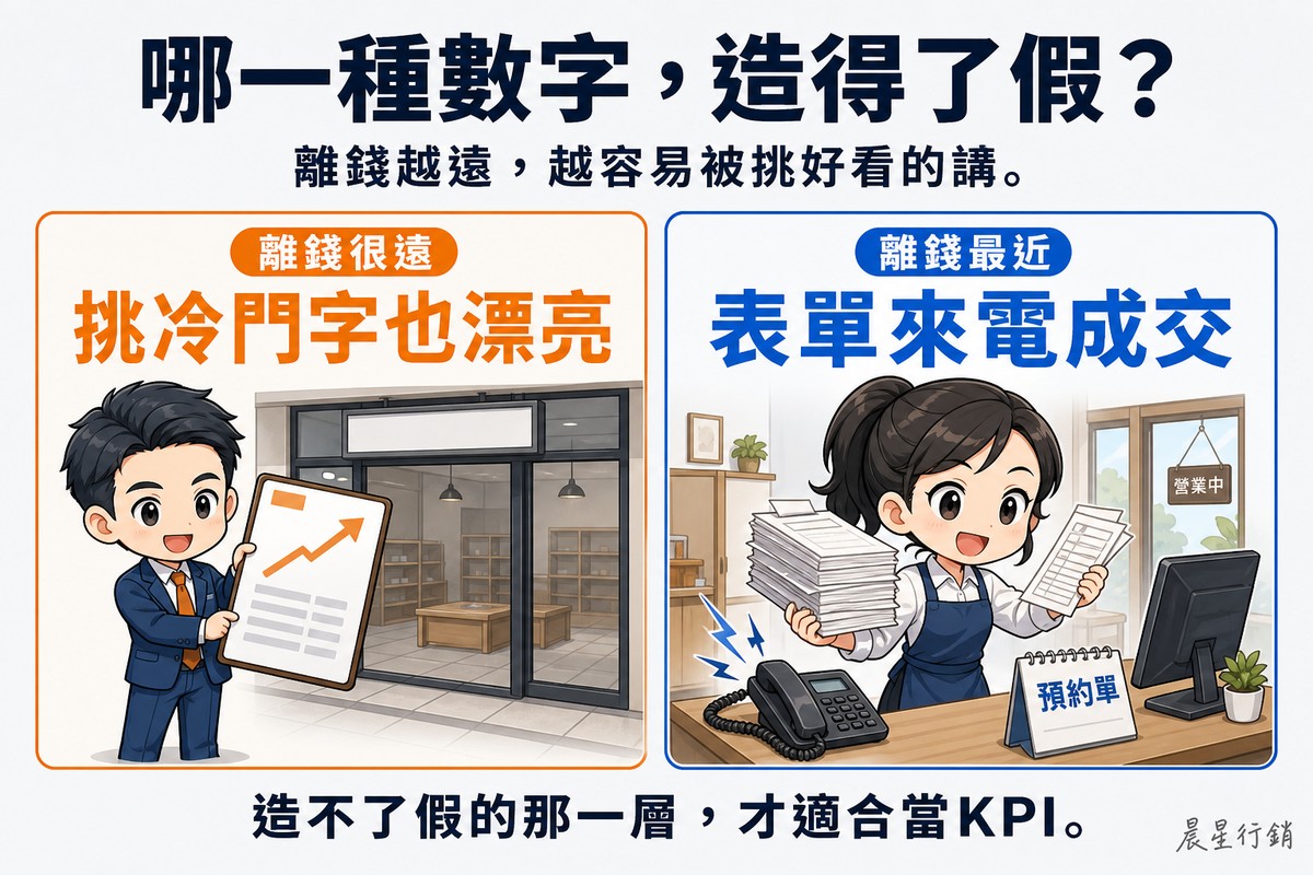 左右兩張對照卡。左邊橘色卡標「離錢很遠」,大字「挑冷門字也漂亮」,畫著顧問笑著舉起一份只有上升箭頭、沒有任何數字的報表,身後玻璃門裡的店面空無一人;右邊藍色卡標「離錢最近」,大字「表單來電成交」,畫著店員抱著一疊預約單、桌上的電話正在響。