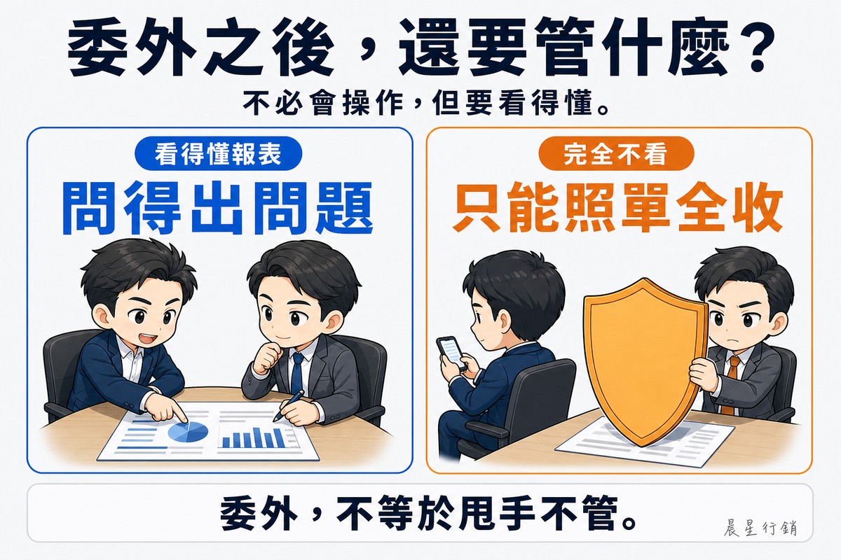 左右兩張對照卡。左邊藍色卡標「看得懂報表」,大字「問得出問題」,畫著老闆指著桌上報表的某一處發問、顧問認真回答;右邊橘色卡標「完全不看」,大字「只能照單全收」,畫著老闆背對報表滑手機,顧問舉起一面空白的橘色盾牌把報表擋住。