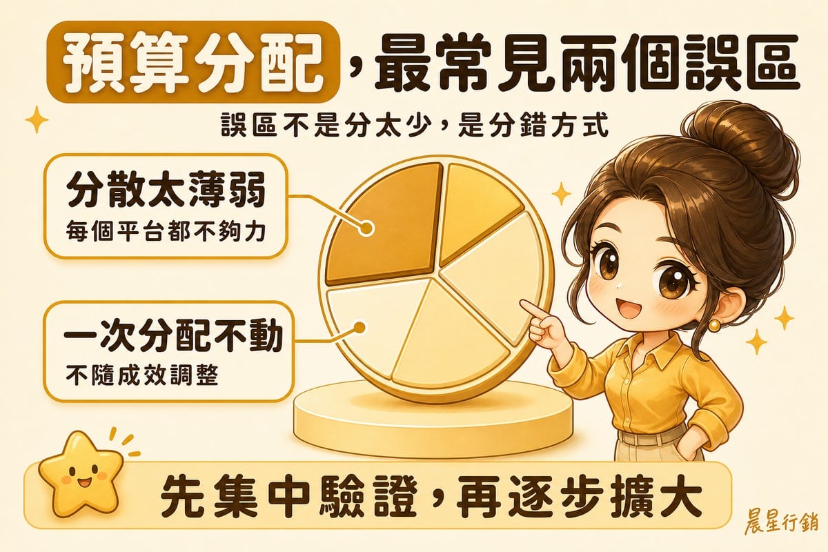 顧問指著一個被分成多塊的圓形預算圖,兩條標籤線分別標註分散太薄弱與一次分配不動兩個誤區