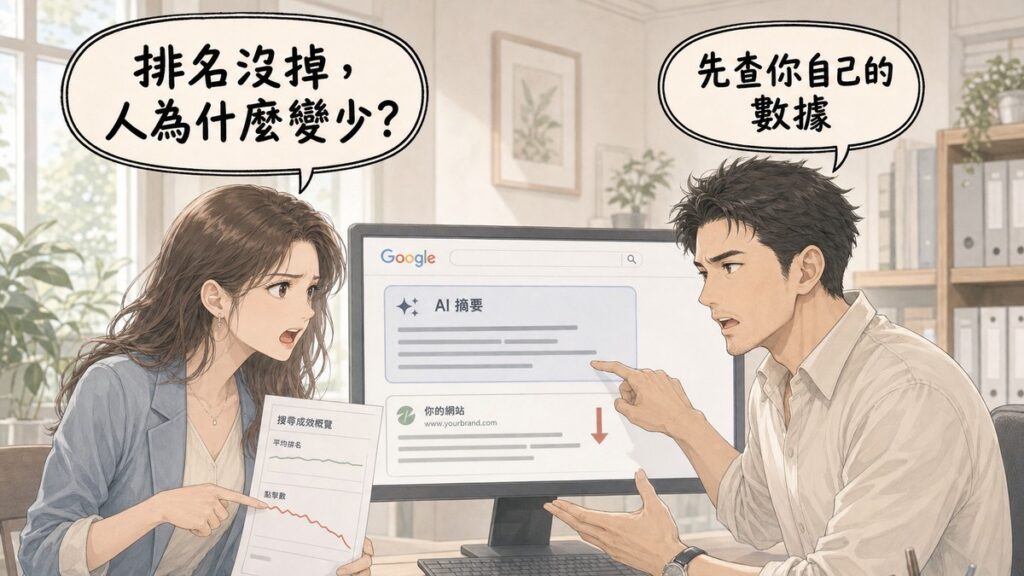 業主張嘴皺眉指著Search Console報表上持平的排名與下滑的點擊問「排名沒掉,人為什麼變少?」,SEO顧問直視她、指著螢幕上壓在自然結果上方的AI摘要區塊回答「先查你自己的數據」