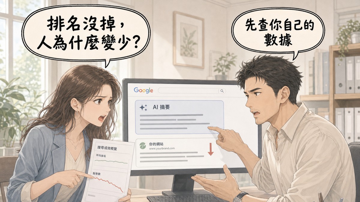 業主張嘴皺眉指著Search Console報表上持平的排名與下滑的點擊問「排名沒掉,人為什麼變少?」,SEO顧問直視她、指著螢幕上壓在自然結果上方的AI摘要區塊回答「先查你自己的數據」