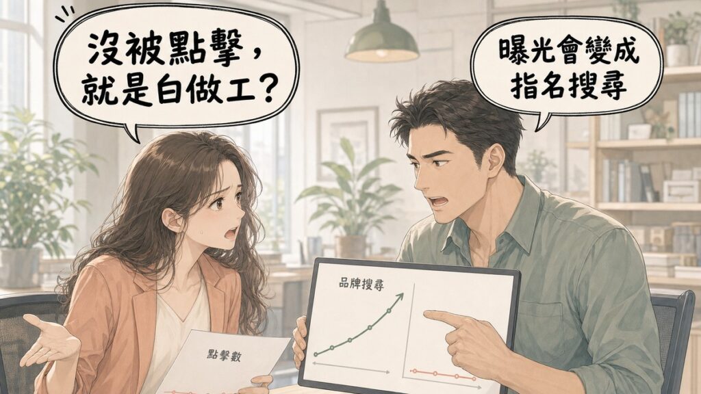 業主張嘴攤手、一臉不甘心地拿著點擊數持平的報表問「沒被點擊，就是白做工？」，SEO顧問轉過平板、指著品牌搜尋量向上攀升的曲線回答「曝光會變成指名搜尋」