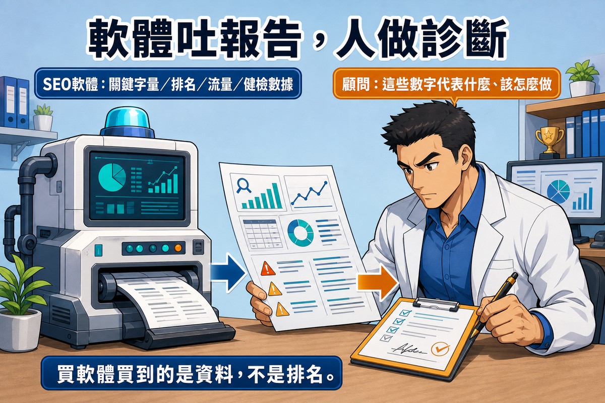 左邊一台自動健檢機吐出印滿數字與警示的報告，右邊一位穿白袍的顧問拿著報告在寫診斷判斷單，標籤寫著「軟體吐報告，人做診斷」