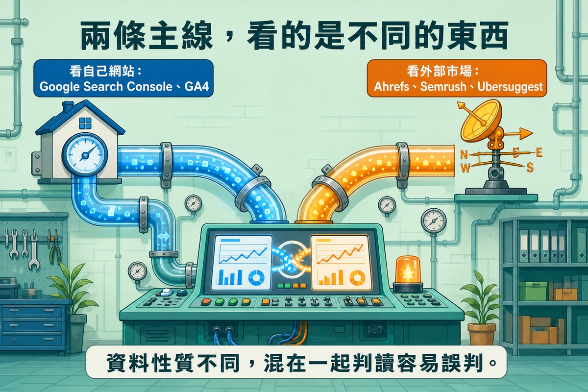 兩條管線圖解，左邊管線接自家水表流向控制台代表看自己網站真實狀況，右邊管線接氣象雷達流向同一個控制台代表看外部市場與競爭對手