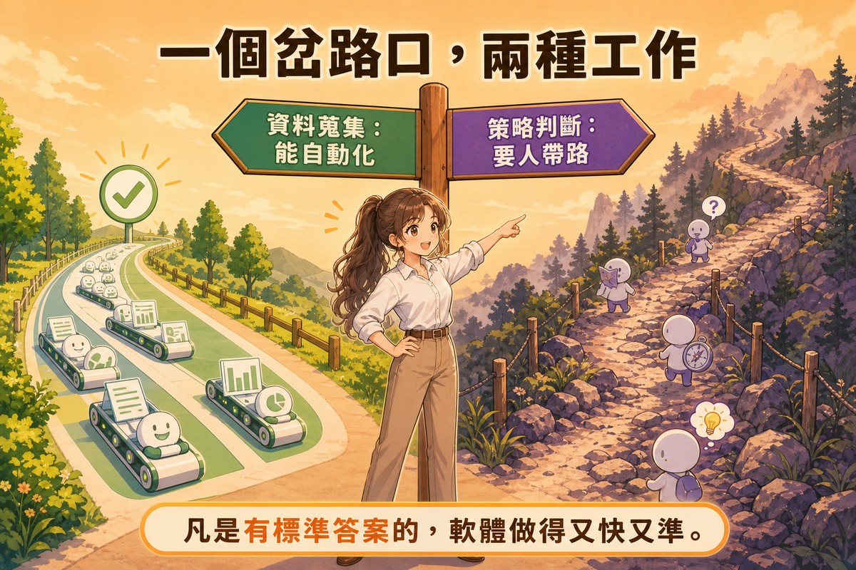 一位女性站在岔路口指路，左邊是平坦大路有自動化小車載著資料圖示通行代表能自動化的資料蒐集工作，右邊是崎嶇山路代表需要人帶路的策略判斷工作