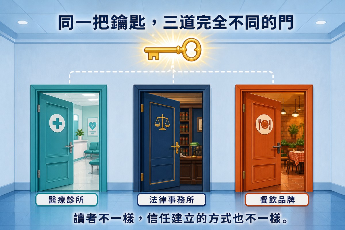 一把發光鑰匙上方懸浮，虛線分別連到三道不同的門：乾淨的診所門、深色木質的法律事務所門、溫暖木質的餐廳門，每道門後露出完全不同的場景