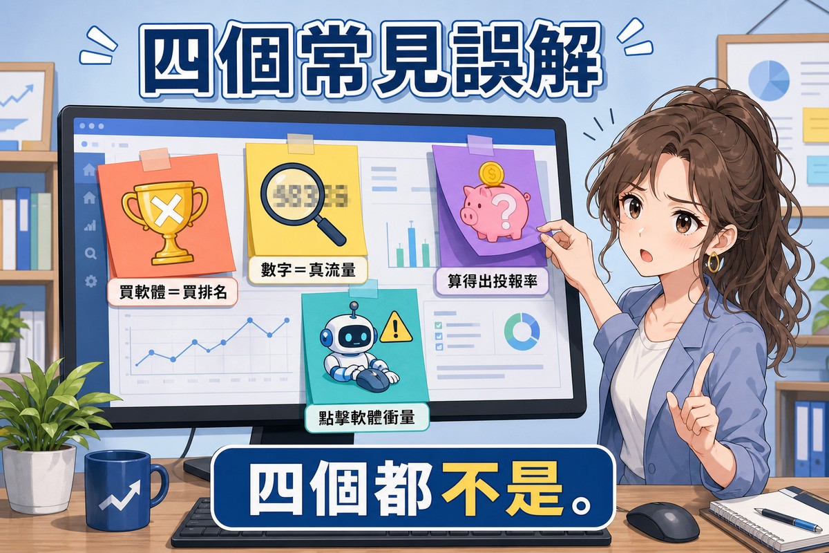 一台電腦螢幕上貼著四張便利貼，分別畫著打叉的獎盃、模糊數字的放大鏡、帶警示的點擊機器人、問號撲滿，一位女性顧問伸手撕下其中一張並搖頭澄清
