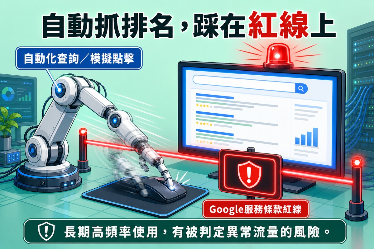 一支機械手臂快速點擊滑鼠面對搜尋結果頁螢幕，前方有一條發光紅線圍欄與寫著驚嘆號盾牌的告示牌，螢幕上方警示燈亮起