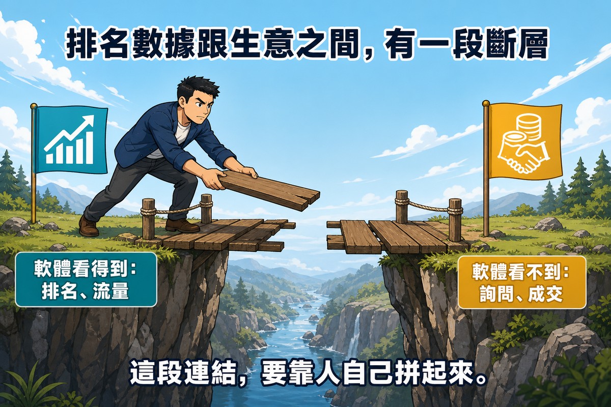 兩座懸崖中間隔著一座斷裂缺口的木橋，左岸插著上升折線圖旗幟代表排名數據，右岸插著錢幣與握手圖示旗幟代表營收成交，一位男性顧問正拿著木板嘗試把橋接起來