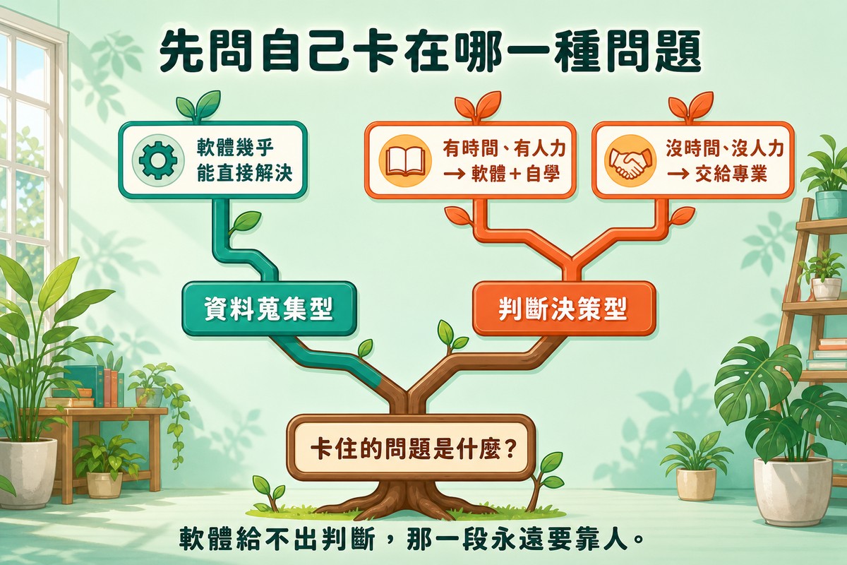 一棵樹狀圖，樹根寫著卡住的問題是什麼，往上分成兩條枝幹：資料蒐集型通往軟體幾乎能直接解決，判斷決策型再分兩小枝，分別通往軟體加自學與交給專業