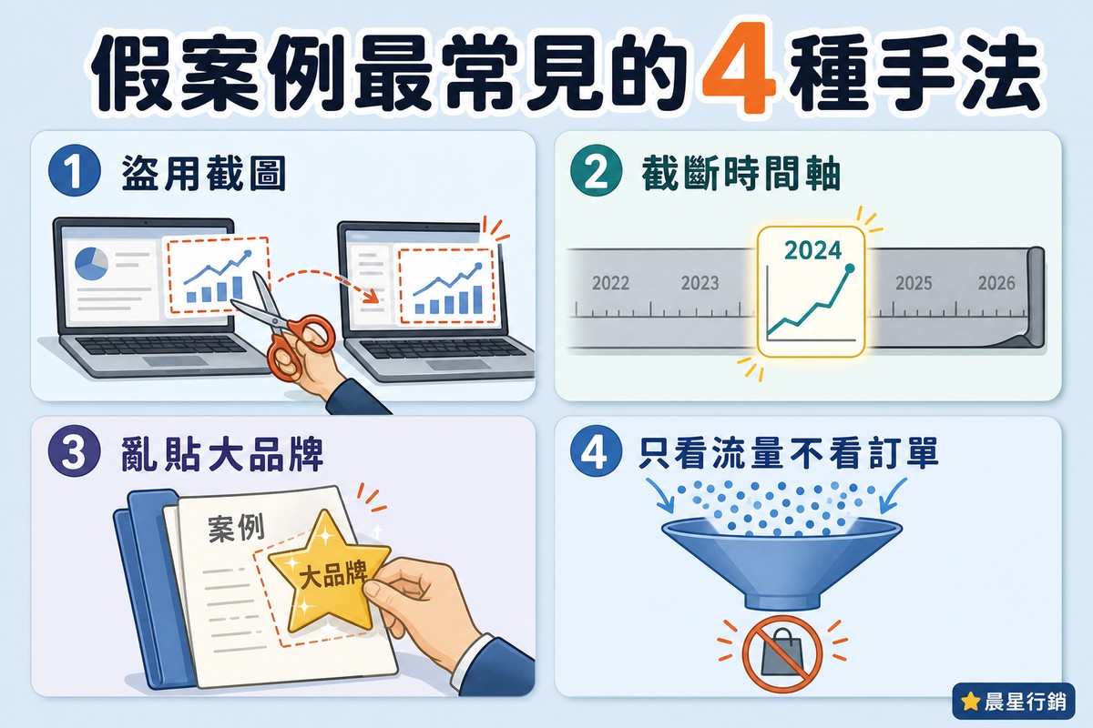 四宮格圖解:①用剪刀從一台筆電螢幕剪下成長圖表貼到另一台筆電,象徵盜用截圖;②時間軸尺標只有一小段2024年區間發光、其餘淡出,象徵截斷時間軸;③案例文件上貼著一張歪斜的大品牌金色星星貼紙,象徵亂貼大品牌;④漏斗上方大量水滴流入,下方出口被禁止標誌擋住、旁邊是購物袋打叉,象徵只看流量不看訂單
