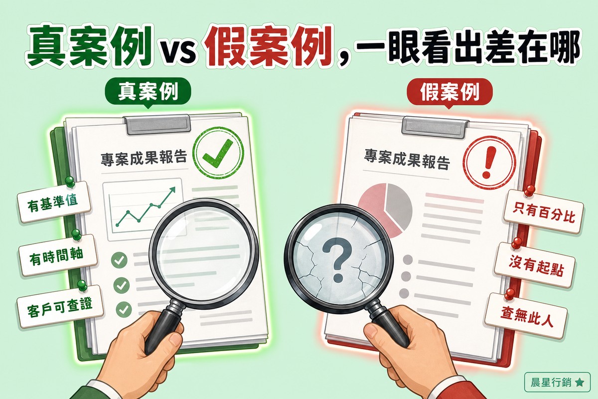 兩份直立的案例報告文件對照:左邊文件外圍綠色光暈、蓋著綠色打勾章,旁邊標籤寫著有基準值、有時間軸、客戶可查證;右邊文件外圍紅色光暈、蓋著紅色驚嘆號章,旁邊標籤寫著只有百分比、沒有起點、查無此人,中間有放大鏡分別照著兩份文件