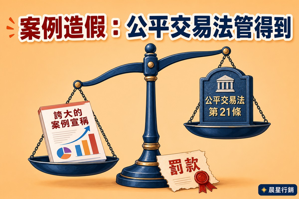 一座藍色天秤,左邊秤盤放著一份標示誇大的案例宣稱的成長圖表文件,右邊秤盤放著一塊刻有公平交易法第21條字樣、頂端有政府建築圖示的石碑,天秤下方角落有一張蓋著紅色印章的罰款單