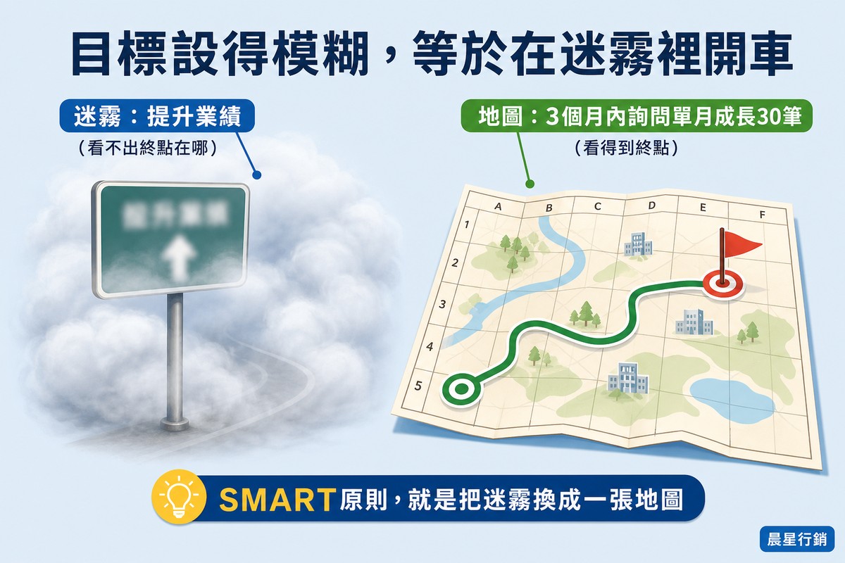 左半邊一支路牌立在濃霧中、字跡模糊看不清方向，右半邊一張清楚的地圖畫著路線與終點旗