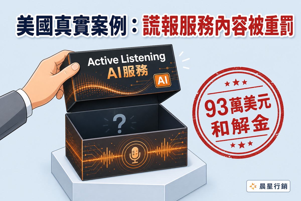 一個標示Active Listening AI服務的黑色包裝盒被一隻手掀開盒蓋,盒內卻是空的、只有一個問號漂浮在空盒中,象徵承諾的技術根本不存在;右側是一個蓋著93萬美元和解金字樣的紅色官方印章