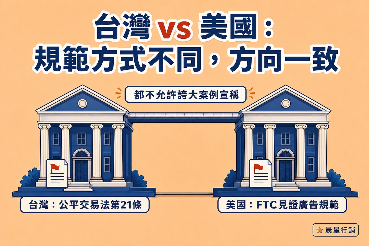 兩棟藍色的簡化政府建築圖示並排站立,屋頂之間由一座水平橋樑連接,橋上標示都不允許誇大案例宣稱;左邊建築下方標籤寫台灣公平交易法第21條,右邊建築下方標籤寫美國FTC見證廣告規範,兩棟建築入口都有紅旗文件圖示