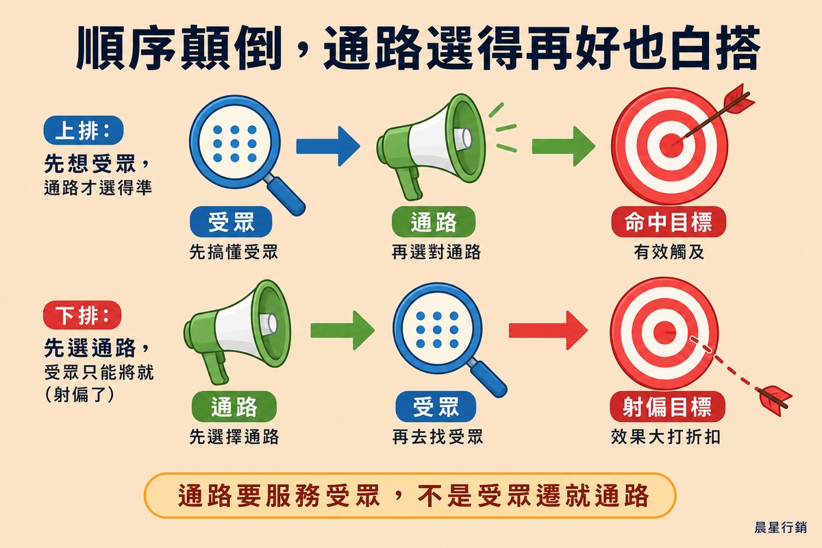 上排畫著放大鏡指向擴音器再指向命中的靶心，下排畫著擴音器指向放大鏡卻指向射偏靶心的箭