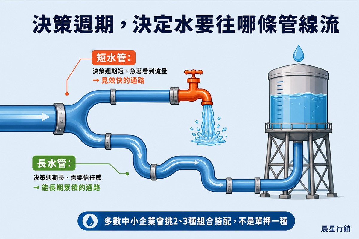 一條主水管分岔成兩條：短水管接著水龍頭快速出水，長水管接著一座逐漸蓄滿水的高聳水塔