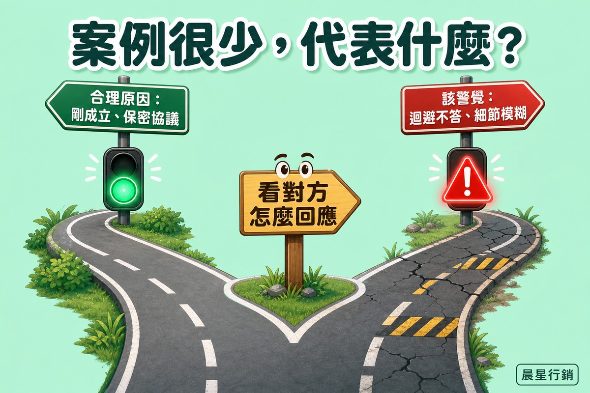 一條道路分岔成兩條:左邊平順道路通往綠色圓形交通號誌,路標寫合理原因剛成立保密協議;右邊帶有裂痕與警示條紋的道路通往紅色警示三角形,路標寫該警覺迴避不答細節模糊;岔路中央立著一個畫著眼睛的木牌,寫著看對方怎麼回應