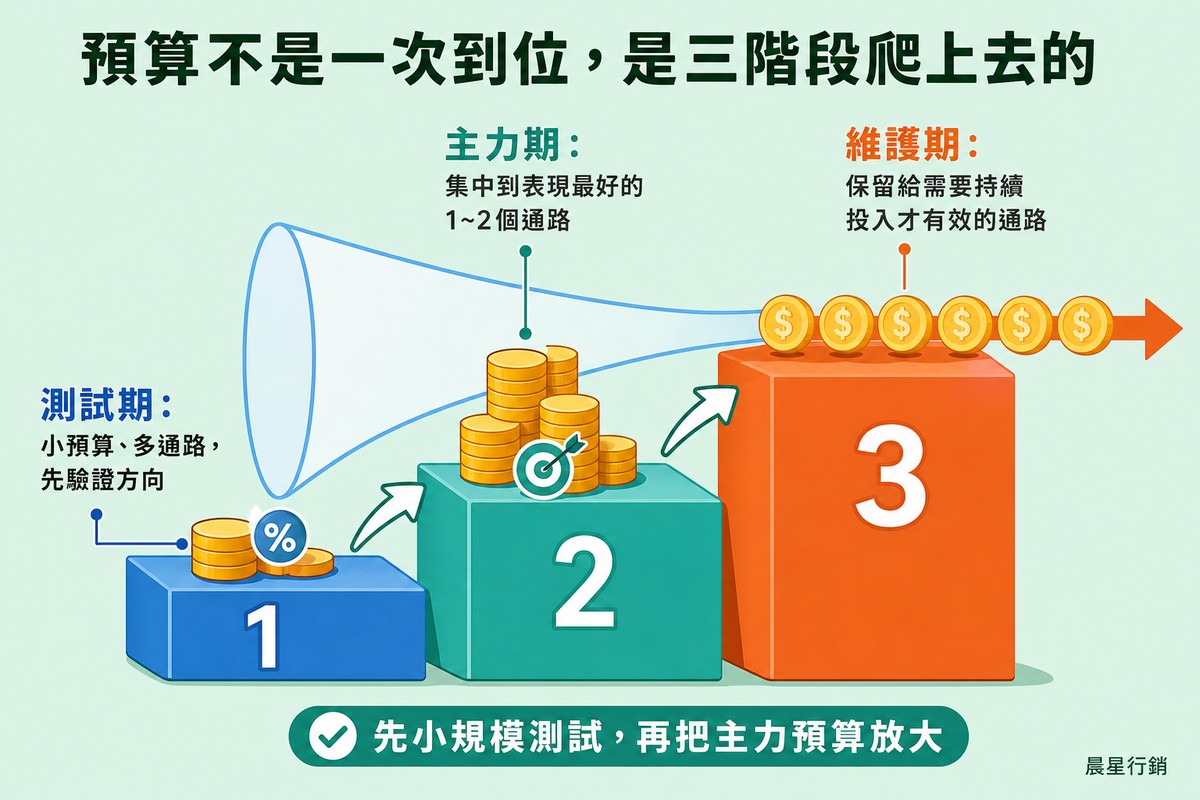 三層逐漸升高的階梯，第一階放著一小疊硬幣、第二階放著較多硬幣、第三階有一排持續流動的硬幣，上方疊著一個逐漸收窄的漏斗