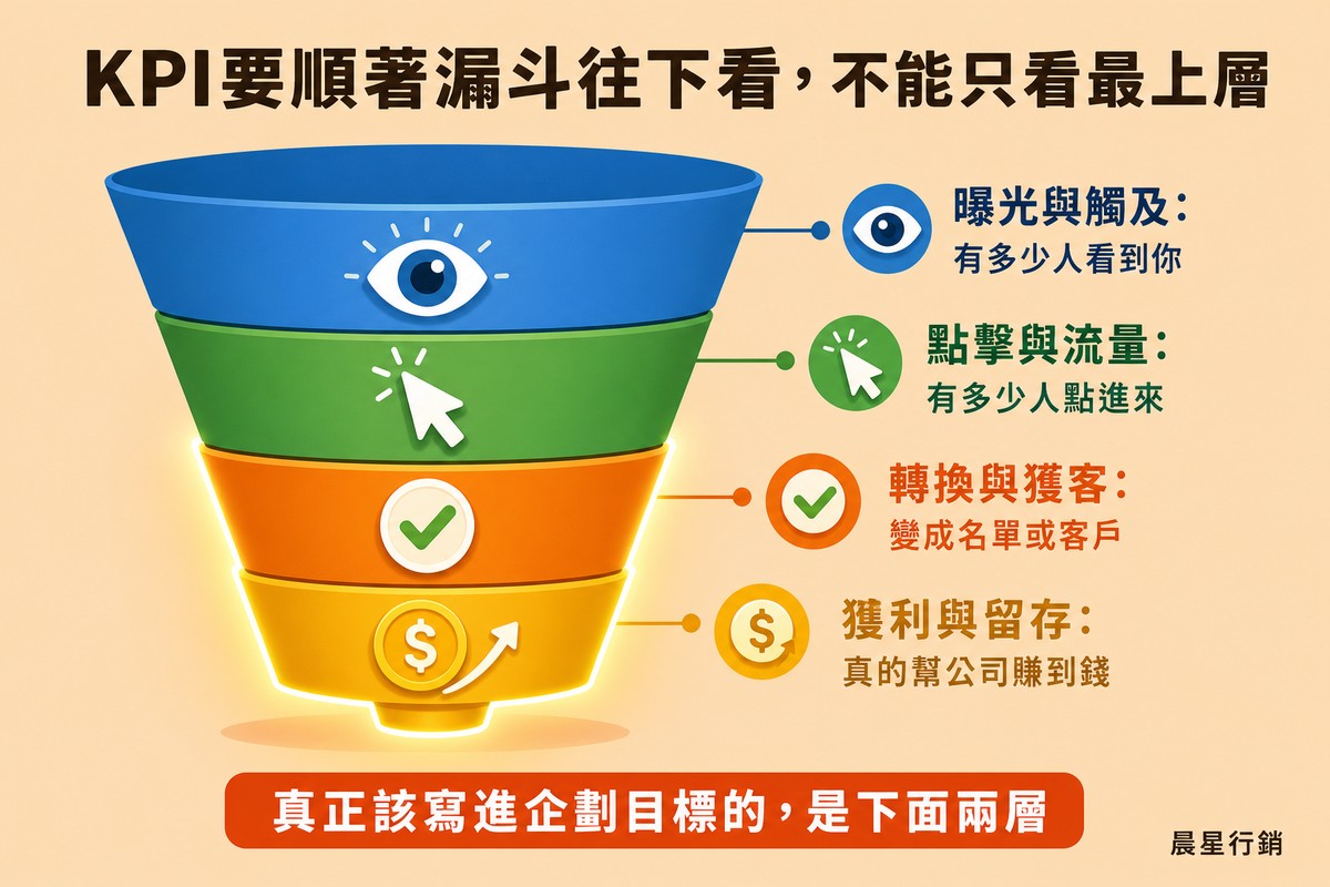 一個四層漏斗由上到下依序畫著眼睛圖示、點擊游標圖示、打勾圖示、金幣與成長箭頭圖示，越往下越窄