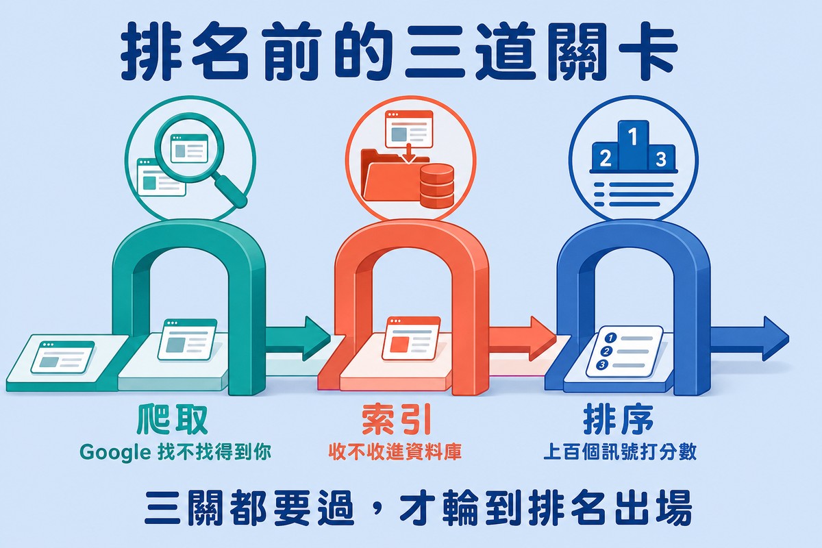 排名前的三道關卡:爬取、索引、排序流程圖