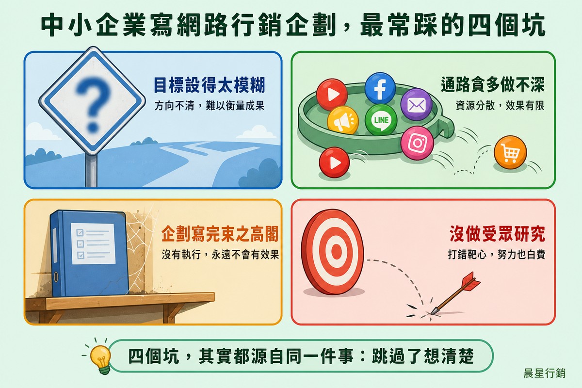 四宮格圖，分別畫著模糊不清的問號路牌、從托盤掉落的多個社群平台圖示、積著蜘蛛網與灰塵的資料夾、射偏靶心的箭