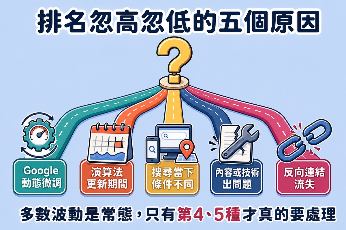 排名忽高忽低五個原因的岔路圖