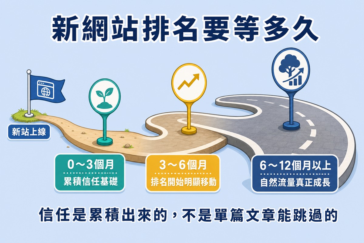 新網站排名時間軸:0到3個月、3到6個月、6到12個月以上
