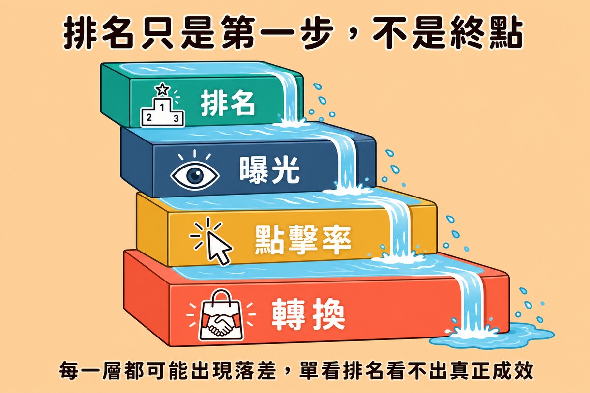 排名到曝光到點擊率到轉換的階梯流失圖