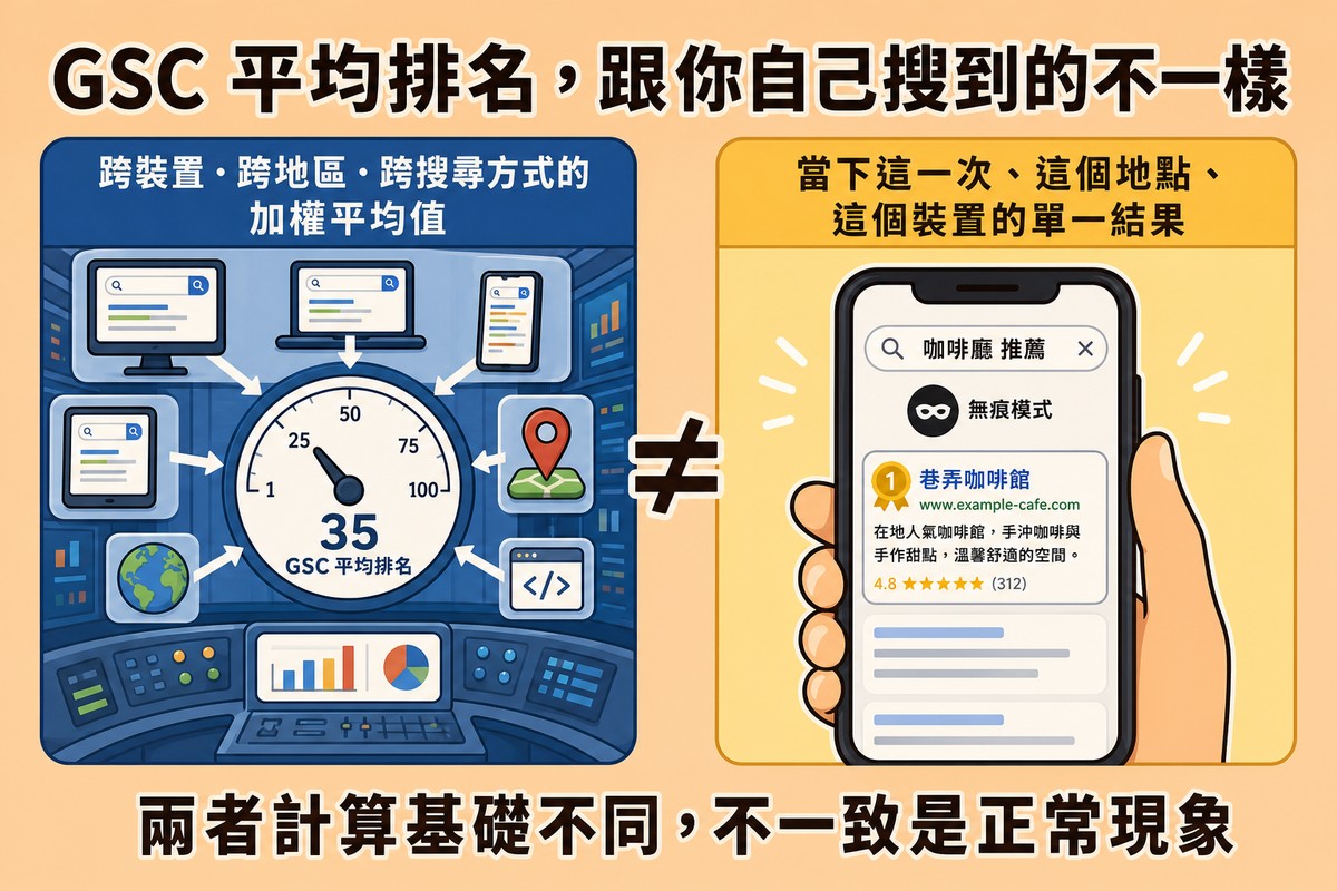 GSC平均排名與手動搜尋結果差異對比圖