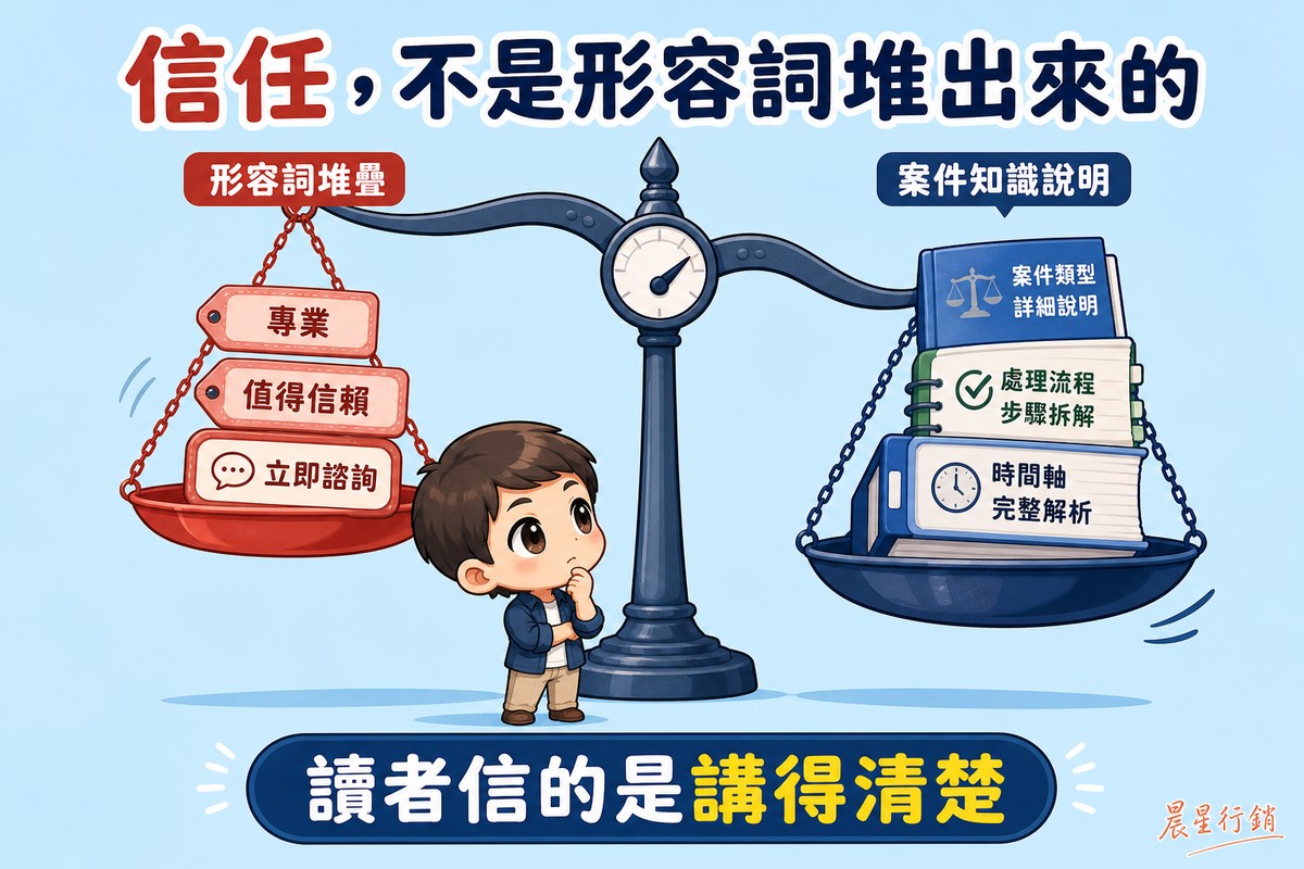 一座天秤，左邊托盤裝著專業、值得信賴、立即諮詢等形容詞標籤，浮得很高很輕；右邊托盤裝著案件類型詳細說明、處理流程步驟拆解、時間軸完整解析等厚重文件，沉得很低很重，一個角色站在中間托著下巴思考