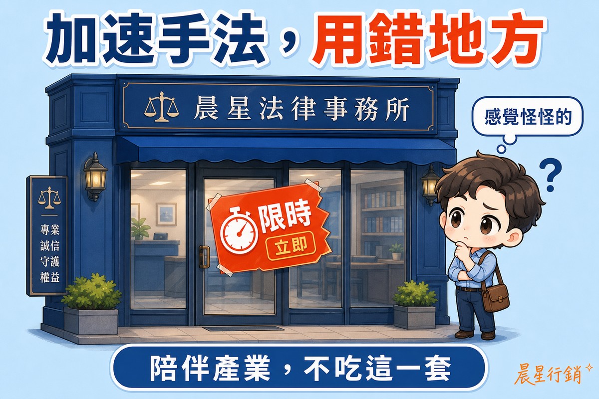 一間沉穩莊重的法律事務所店面，玻璃門上卻貼著一張顯眼的限時立即倒數優惠貼紙，一位路人角色歪頭露出疑惑表情，思考泡泡寫著感覺怪怪的