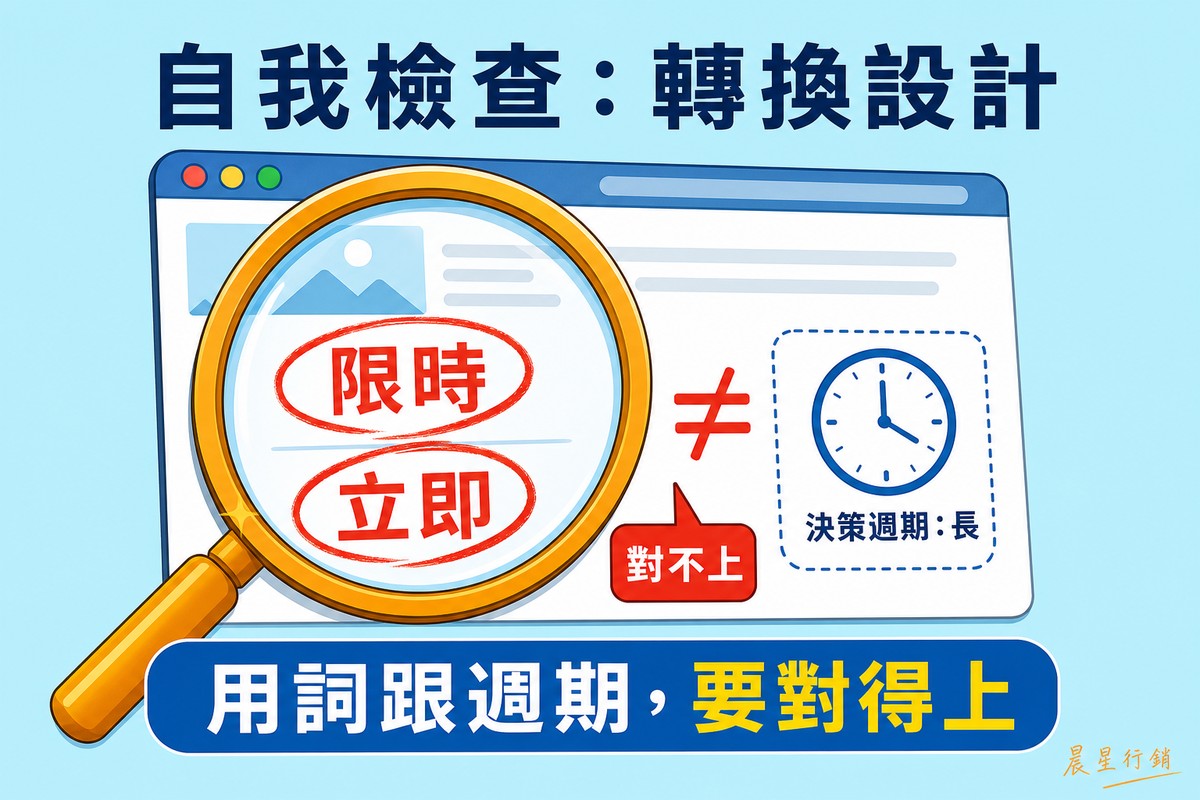 一個放大鏡懸浮在一張網頁內容卡片上方，鏡片裡放大顯示限時與立即兩個字並被紅圈圈起來，旁邊有不等於符號連到一個標示決策週期長的時鐘圖示